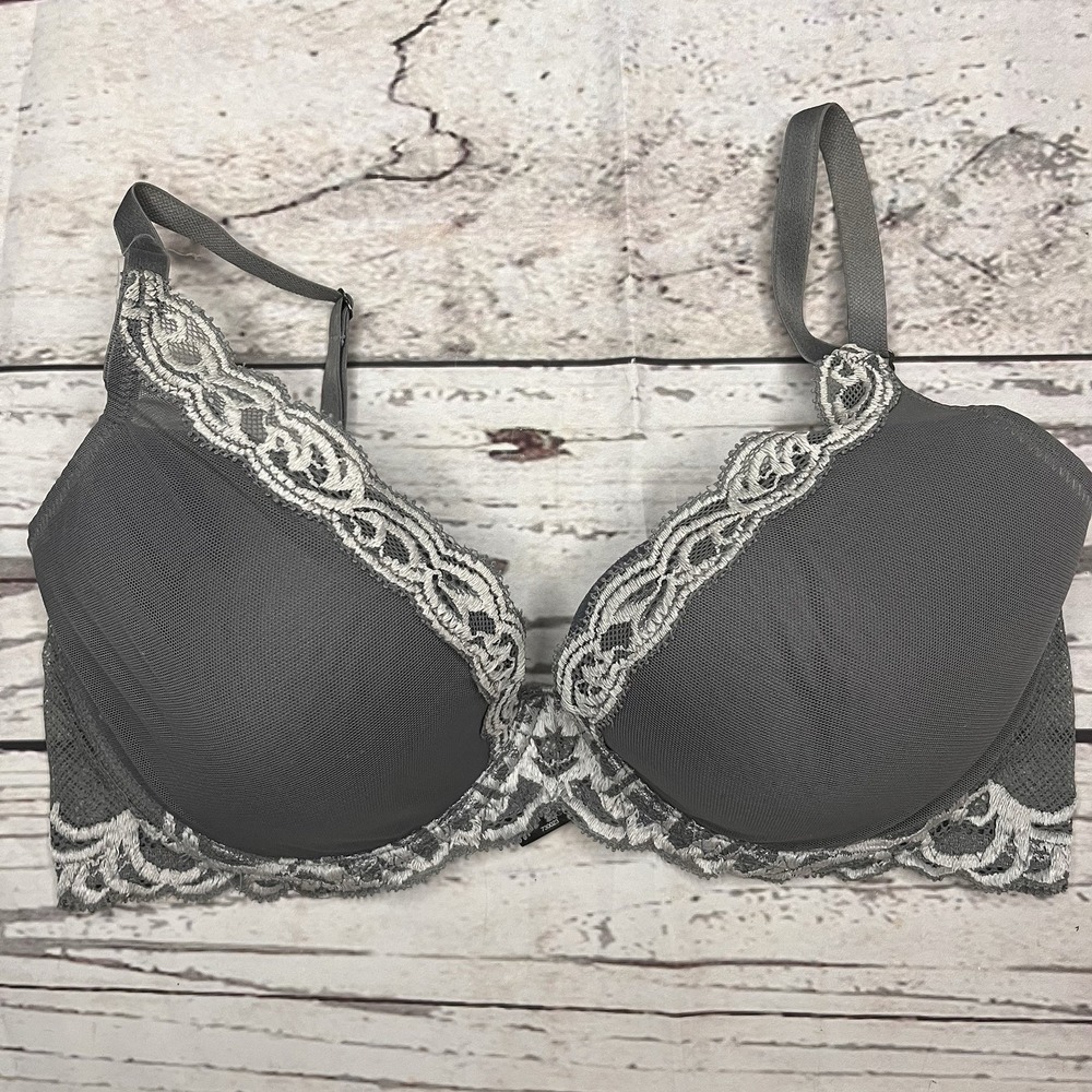 Natori 36D Charcoal Gray Lace Underwire Bra Molded Mesh Cup Embroidered